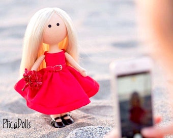 Spring sale Beautiful OOAK fabric portrait doll Handmade rag blonde girl Lady in red dress Tilda art cloth golden haired home decor doll