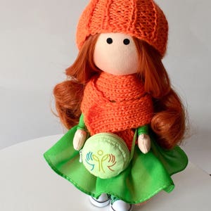 Bright redhead girl Corporate mascot Apple green dress OOAK textile Tilda doll Art cloth fabric Waldorf doll Office decor doll Business gift image 7