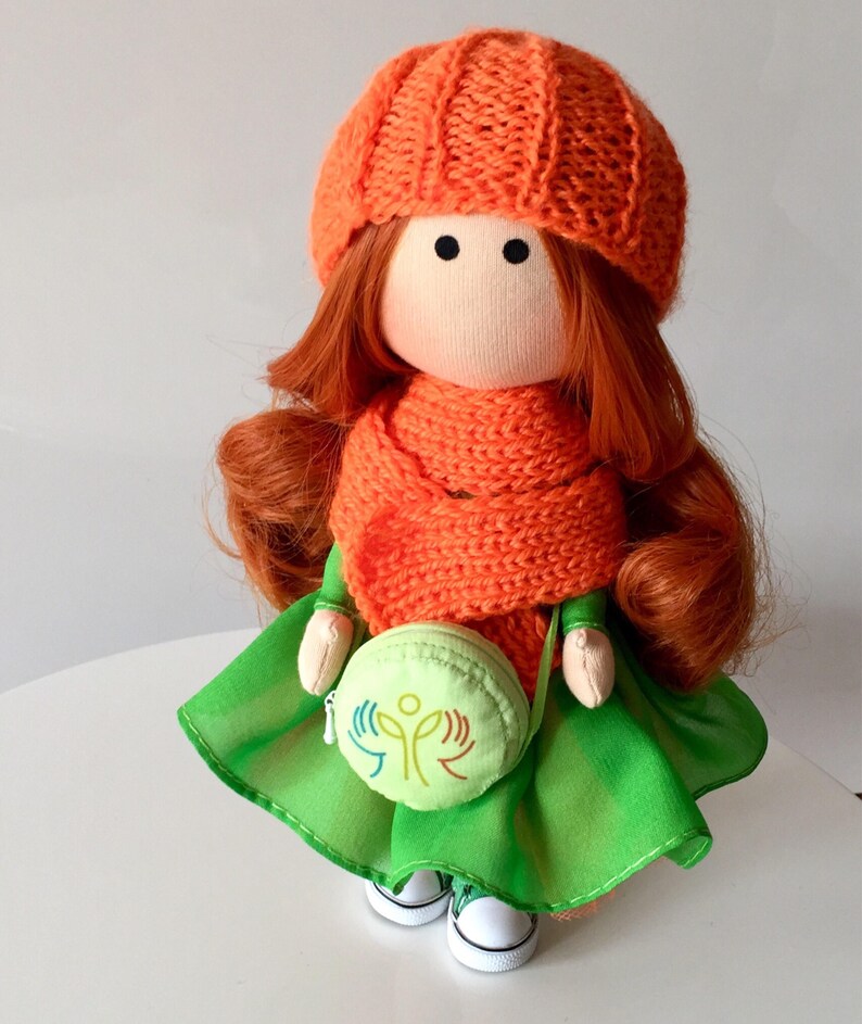 Bright redhead girl Corporate mascot Apple green dress OOAK textile Tilda doll Art cloth fabric Waldorf doll Office decor doll Business gift image 7