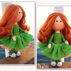 Bright redhead girl Corporate mascot Apple green dress OOAK textile Tilda doll Art cloth fabric Waldorf doll Office decor doll Business gift image 1