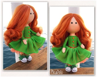 Bright redhead girl Corporate mascot Apple green dress OOAK textile Tilda doll Art cloth fabric Waldorf doll Office decor doll Business gift