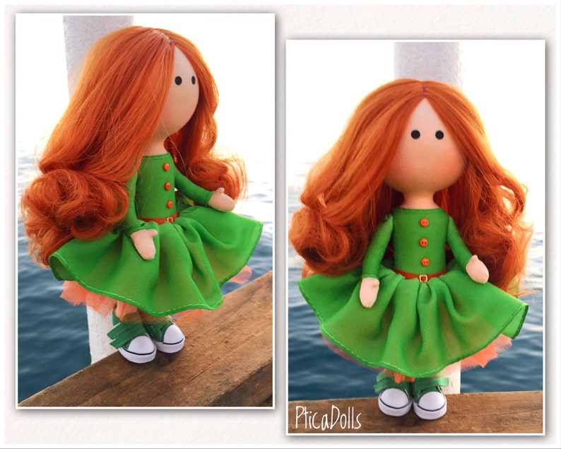 Bright redhead girl Corporate mascot Apple green dress OOAK textile Tilda doll Art cloth fabric Waldorf doll Office decor doll Business gift image 1