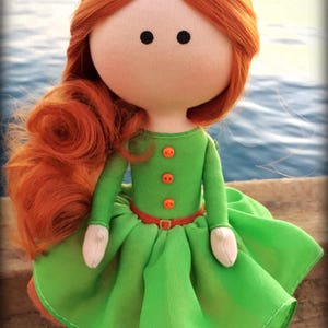 Bright redhead girl Corporate mascot Apple green dress OOAK textile Tilda doll Art cloth fabric Waldorf doll Office decor doll Business gift image 4
