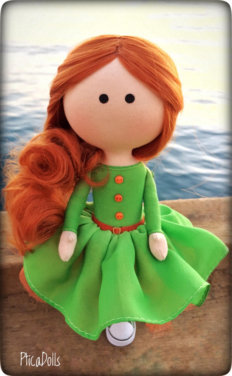 Bright redhead girl Corporate mascot Apple green dress OOAK textile Tilda doll Art cloth fabric Waldorf doll Office decor doll Business gift image 4