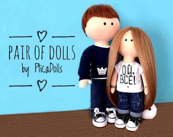 Valentines day gift Pair of handmade portrait dolls Boy and girl waldorf tilda fabric soft dolls Wedding gift Personalized gift for couple