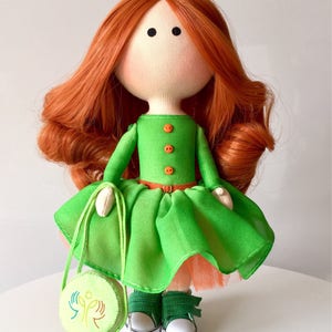 Bright redhead girl Corporate mascot Apple green dress OOAK textile Tilda doll Art cloth fabric Waldorf doll Office decor doll Business gift image 6