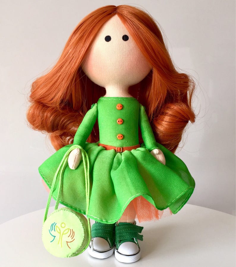 Bright redhead girl Corporate mascot Apple green dress OOAK textile Tilda doll Art cloth fabric Waldorf doll Office decor doll Business gift image 6