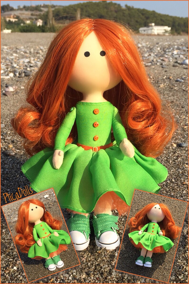 Bright redhead girl Corporate mascot Apple green dress OOAK textile Tilda doll Art cloth fabric Waldorf doll Office decor doll Business gift image 10