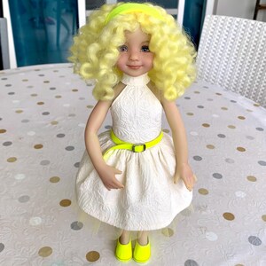Little Darling Neon Sunshine Set – Curly Wig, Ivory Dress, Neon Shoes, Belt and Headband. Bright Handmade Doll Outfit! OOAK Collectors Set