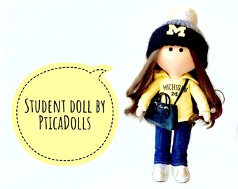 University of Michigan student handmade fabric doll Personalized portrait textile doll Kate Spade bag High school rag Tilda cloth doll