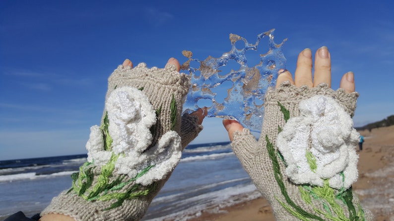 Hand knitted fingerles gloves Embroidery Iris crochet Irish lace Casual gift for Easter Art clothing Soft arm warmers Boho Eco life