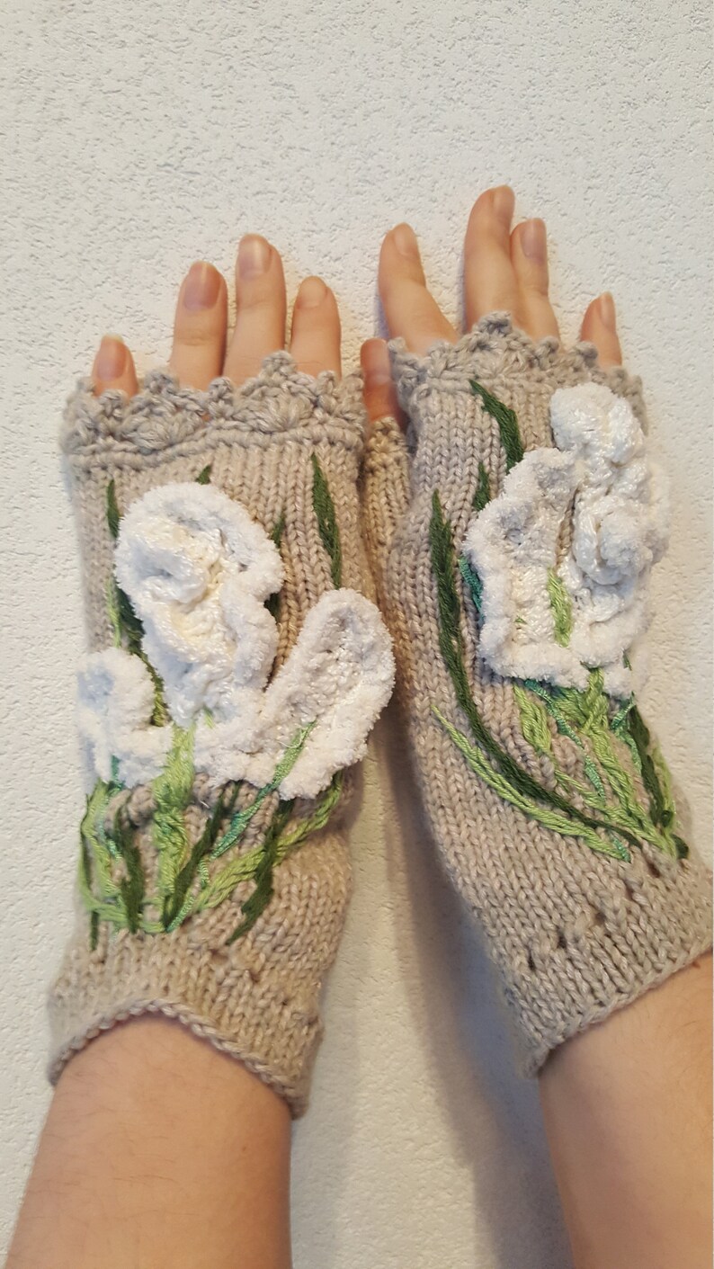 Hand knitted fingerles gloves Embroidery Iris crochet Irish lace Casual gift for Easter Art clothing Soft arm warmers Boho Eco life