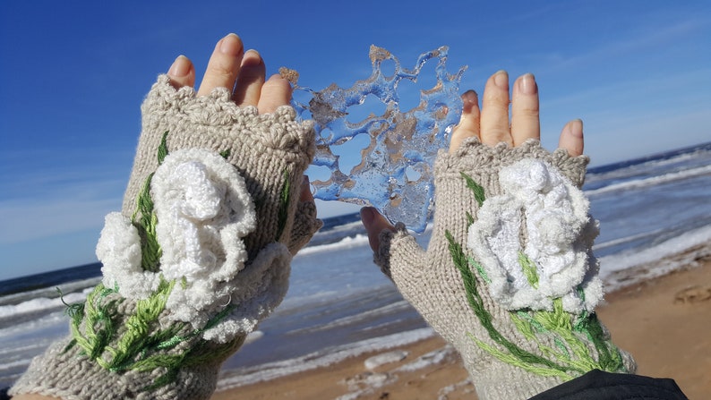 Hand knitted fingerles gloves Embroidery Iris crochet Irish lace Casual gift for Easter Art clothing Soft arm warmers Boho Eco life