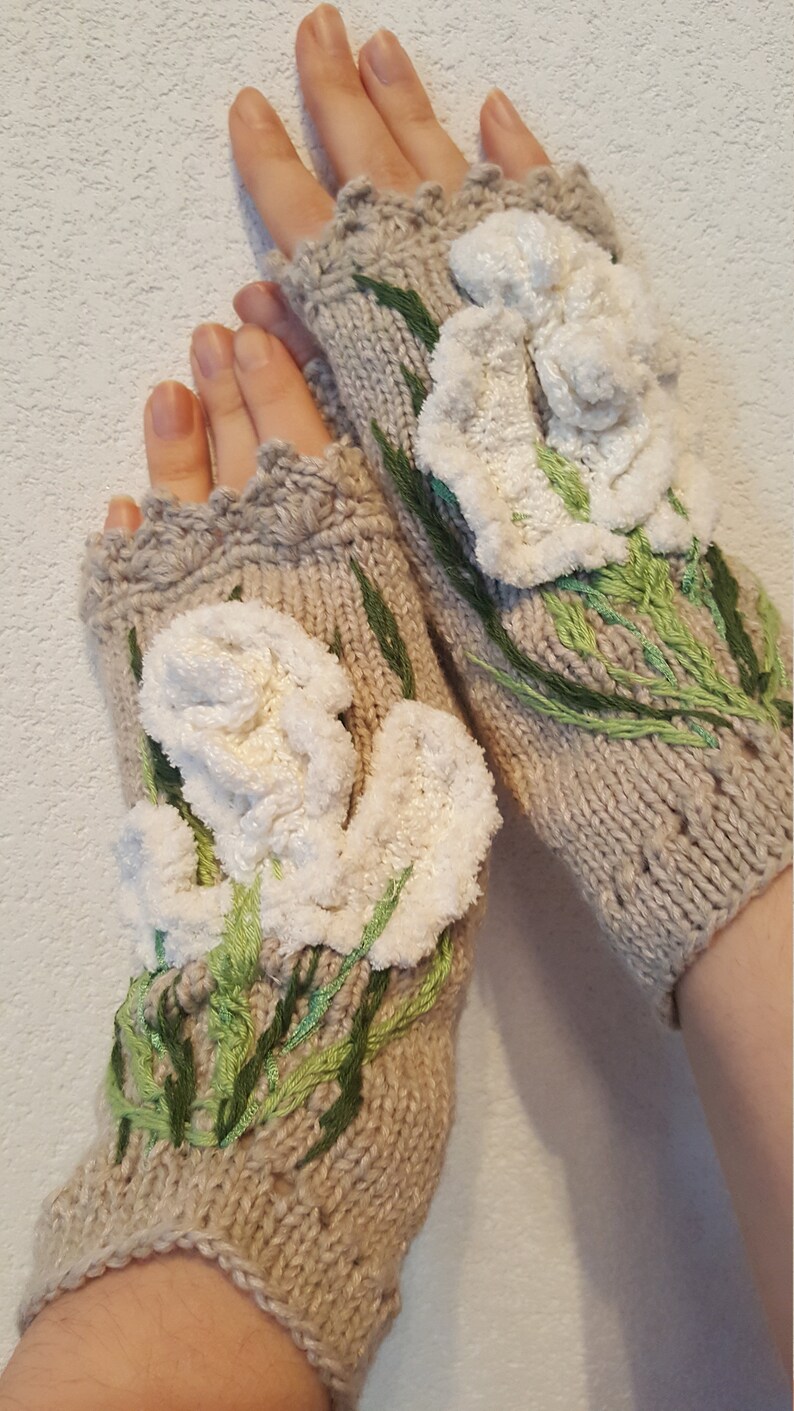 Hand knitted fingerles gloves Embroidery Iris crochet Irish lace Casual gift for Easter Art clothing Soft arm warmers Boho Eco life
