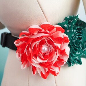 Christmas Dog Collar Flower: Red Green Chiffon Holiday Bow
