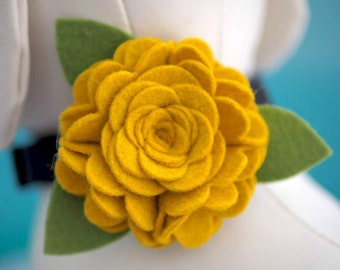 Mustard Yellow Rose Collar Flower for Dogs or Cats Fall Wedding / Photos, Handmade Felt Flower Girl Dog Bow Accessory for Pet Collars