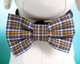 Fall Plaid Dog Bow Tie: Blue & Gold Cotton Bowtie
