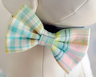 Spring Pastel Plaid Dog Bow Tie, Easter Summer Wedding Pet Bowtie, Blue Pink Yellow Pet Bow Ties, Collar Bows fit Small to Extra Large Dogs