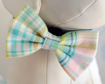 Blue and Lime Green Gingham Plaid Spring Bow Tie Dog Cat Collar Washable
