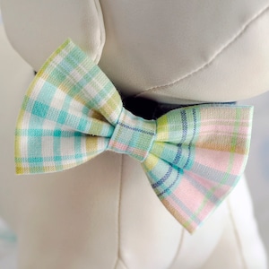 May include: A white stuffed dog wearing a light blue, green, and pink plaid bow tie.