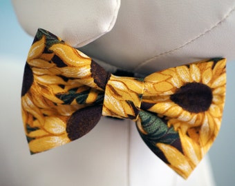 Sunflower Dog Bow Tie: Yellow Fall Floral, Handmade Cotton