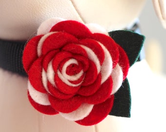 Christmas Collar Flower for Dogs Cats, Felt Rose Peppermint Candy Cane Red White Floral Bow Accessory, Valentine's Holiday Pet Collars Swag