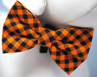Halloween Dog Bow Tie: Orange Black Buffalo Plaid Costume Collar Accessory
