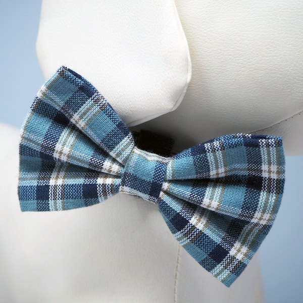 Blue White Plaid Dog Bow Tie, Autumn Winter Bowties Navy Blue Olive Check, Dapper Dog Cat Collar Bowtie fits Small to Large Pet Collars