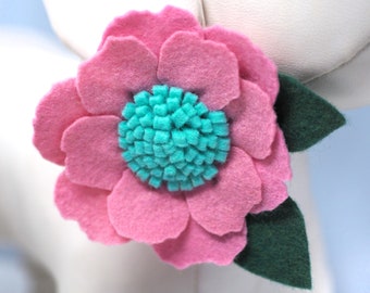 Rose Pink Aqua Collar Flower for Fall Wedding, Pink Purple Custom Color Collar Bud Corsage, Handmade Felt Flowers, Pet Bow Accessory
