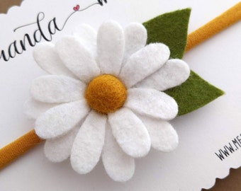 White Felt Daisy Headband: Baby Flower Hair Bow