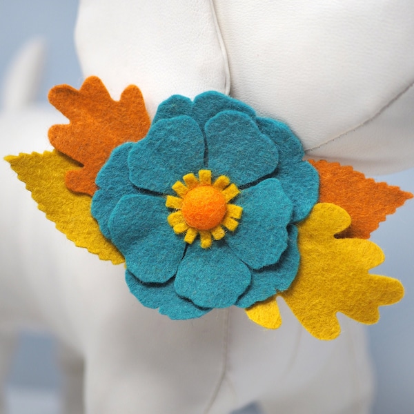 Fall Collar Flower Cluster, Blue Orange Yellow Leaves Handmade Felt Flowers for Dogs, Wedding / Photos Collar Bow Accessory for Pet Collars