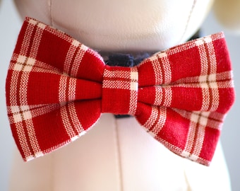 Cranberry Red Plaid Dog Bow tie, Christmas Check Bow Ties for Small to Big Dogs / Cats, Holiday Dog Collar Bows fits Small to Extra Large