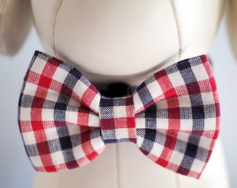 Patriotic Plaid Dog Bow Tie: Red White and Blue Pet Collar Accessory