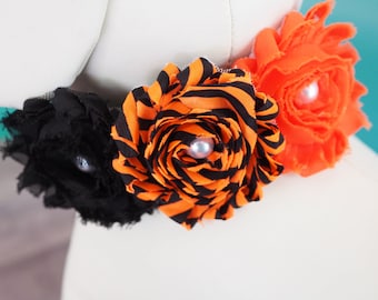 Halloween Dog Collar Flower: Orange & Black Chiffon Pet Collar Bow