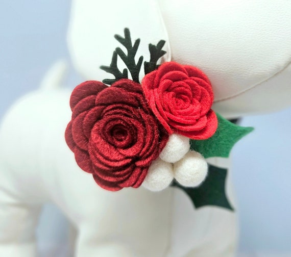 Christmas Felt Flower Collar Accessory: Red Rose and Holly Berry Headband