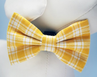 Golden Yellow Plaid Dog Bow Tie, Yellow Check Pet Bowtie, Summer Fall Wedding Dog Collar Bow, Dogs Dress Up fits Small to Extra Large Pets