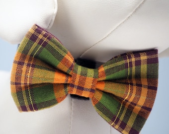 Autumn Plaid Dog Bow Tie: Dapper Pet Collar Accessory in Orange Green Brown Check