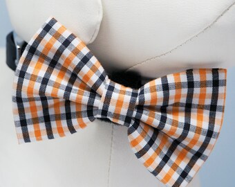 Halloween Dog Bow Tie: Black Orange Plaid Pet Collar Bow