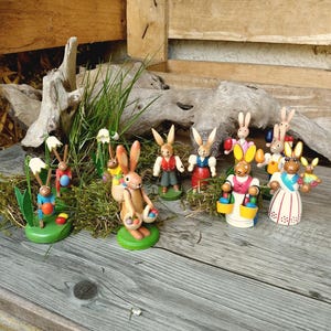 A colorful flock of rabbits, Easter bunnies, wood, Erzgebirge various variants Part 1
