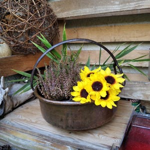 Puede incluir: Una cesta de metal de color cobre antiguo con asa, llena de girasoles amarillos, brezo morado y follaje verde. La cesta se encuentra sobre una superficie de madera, creando una exhibición natural y encantadora.