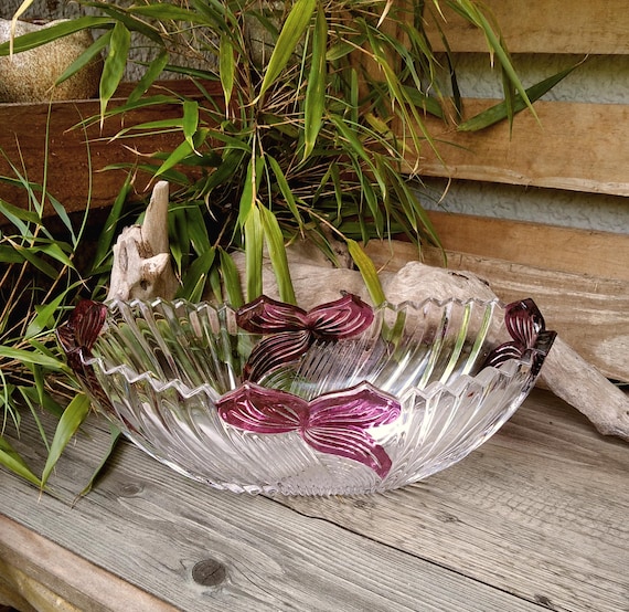 Schöne Kristallschale von ANNA HÜTTE Obstschale, Gebäckschale ,Bleikristall Jardiniere oval, Stiefmütterchenmotiv