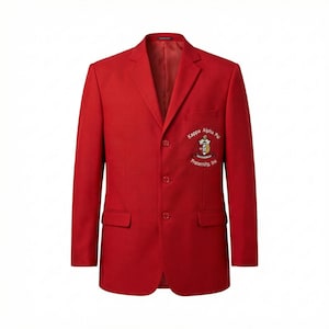 May include: A bright red blazer with a three-button closure and two front pockets. The blazer features a small embroidered emblem on the chest that reads "Kappa Alpha Psi Fraternity, Inc."