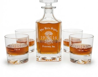 Phi Beta Sigma Decanter Set, 1 Decanter + 4 Whiskey Glasses, 1914 Bar Set