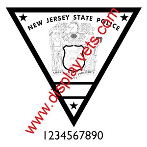 May include: Black and white illustration of the New Jersey State Police emblem. The emblem is a triangle with a star at each point. Inside the triangle is the state seal of New Jersey, which features a horse and a shield. The text "NEW JERSEY STATE POLICE" is written around the top of the triangle. The text "LIBERTY AND PROSPERITY 1776" is written below the seal.