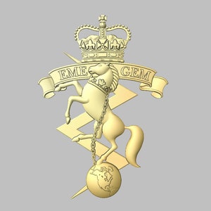 May include: A gold-colored emblem with a crown, a rearing horse, a lightning bolt, and a globe. The text "EME GEM" is on a banner.