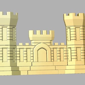 May include: A yellow 3D model of a castle with two towers and a central gate. The castle has a simple design with rectangular windows and a pointed roof.