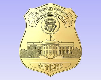 May include: A gold badge with the words "U.S. SECRET SERVICE UNIFORMED DIVISION OFFICER" around the edge. The badge features a depiction of the White House and the Presidential Seal.