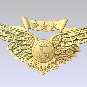 May include: A gold-colored Air Crew badge with a detailed design. The badge features a central emblem with an anchor, surrounded by wings, a banner with three stars, and the words "AIR CREW".