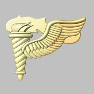 Puede incluir: Una insignia militar dorada con una antorcha y alas. La antorcha es una representación estilizada de una llama con un diseño en espiral. Las alas están extendidas y tienen una superficie texturizada.
