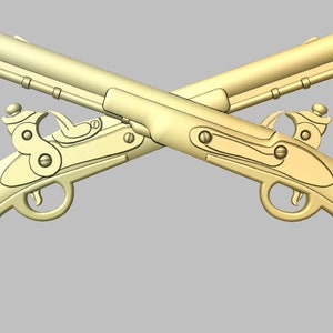 May include: Two antique-style, golden flintlock pistols are crossed against a gray background. The pistols have detailed handles, triggers, and barrels, with intricate designs. The image showcases a historical or decorative theme.